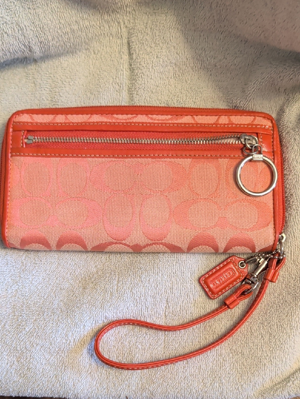 Coach Pink Signature Canvas Wristlet with Coral Trim